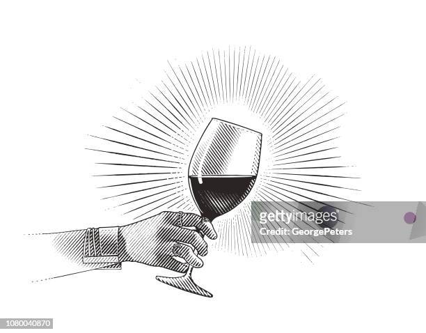nahaufnahme von glas wein und zarte frauenhand - wine grapes stock-grafiken, -clipart, -cartoons und -symbole