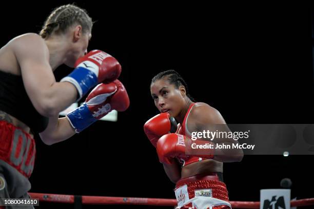 Cecilia Braekhus trades punches with Aleksandra Lopes at StubHub Center on December 8, 2018 in Carson, California. Braekhus won the fight.