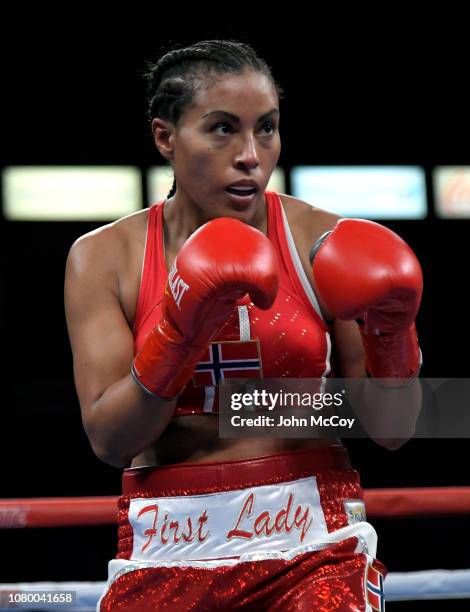 Cecilia Braekhus trades punches with Aleksandra Lopes at StubHub Center on December 8, 2018 in Carson, California. Braekhus won the fight.