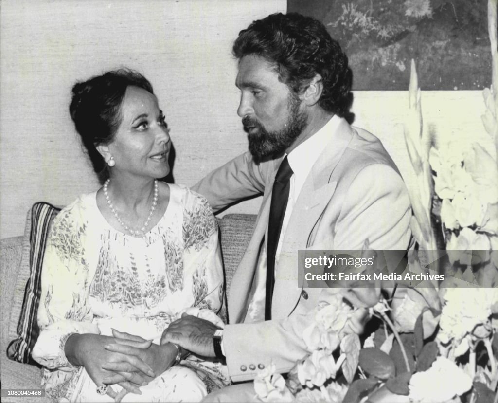 US Film star Merle Oberon of Hollywood photographed with husband Robert Wolders in their's Hilton Hotel residence.
