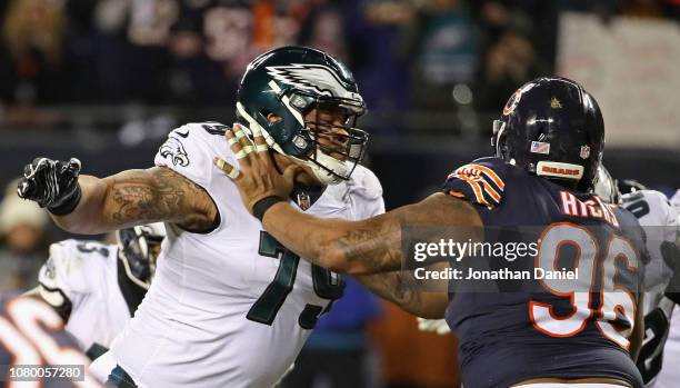 Brandon Brooks of the Philadelphia Eagles blocks Akiem Hicks of the Chicago Bears during an NFC Wild Card playoff game at Soldier Field on January 6,...