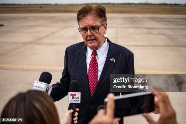 Dan Patrick, governor of Texas, speaks to members of the media at McAllen-Miller International Airport in McAllen, Texas, U.S., on Thursday, Jan. 10,...