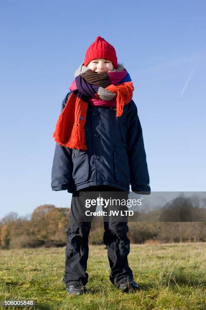 boy in park wearing long knitted scarf, portrait - sciarpa foto e immagini stock