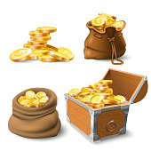 Golden coins stacks. Coin in old sack, large gold pile and chest