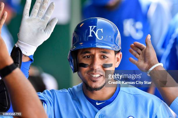 Kansas City Royals&apos; Jon Jay is congratulated on a solo home run in the third inning against the Oakland Athletics on Sunday, June 3 at Kauffman...