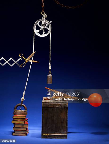 rube goldberg machine detail - pulley stock pictures, royalty-free photos & images