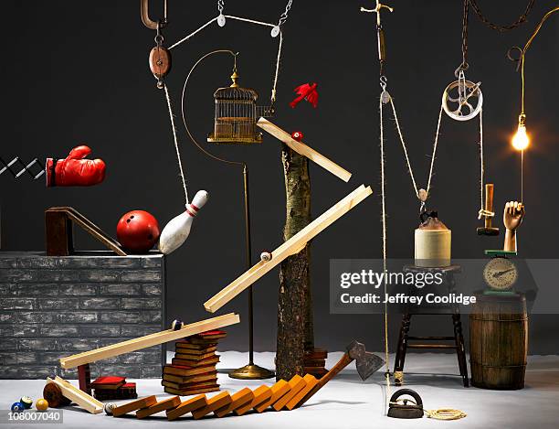 rube goldberg machine - pulley stock pictures, royalty-free photos & images