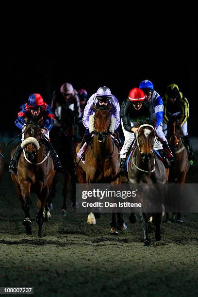 Leonna Mayor rides A Pocketful of Rye to third place during the skysports.com Racing Handicap Stakes at Kempton Park on January 12, 2011 in Sunbury,...