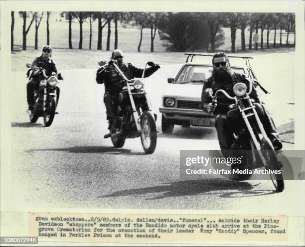 Funeral"... Astride their Harley Davidson "choppers" members of the Bandido motor cycle club arrive at the Pine grove Crematorium for the cremation...