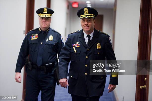 Capitol Police Chief Phillip Morse, right, and Assistant Chief Dan Nichols make their way to a House Democratic Caucus meeting in the Capitol Visitor...