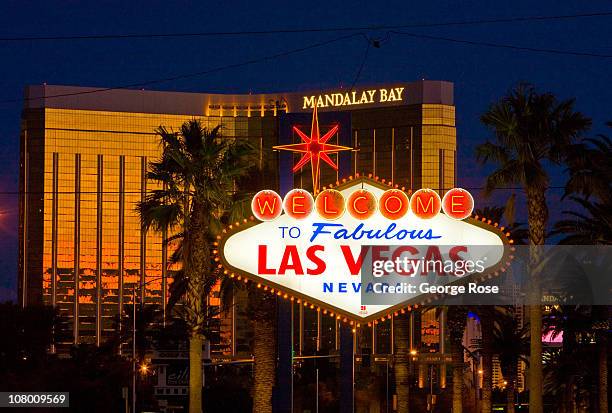 The famous neon "Welcome to Las Vegas" sign at the south entrance to town is viewed in front of the Mandalay Bay Hotel & Casino on December 23, 2010...