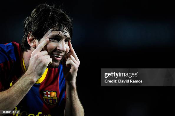 Messi Side Lionel Messi of FC Barcelona celebrates after scoring his side's ...