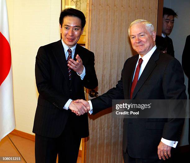 Secretary of Defense Robert Gates shakes hands with Japan's Foreign Minister Seiji Maehara at the Ministry of Foreign Affairs on January 13, 2011 in...