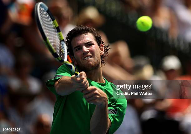 Adrian Mannarino of France plays a backhand during his match against Nicolas Almagro of Spain on day four of the Heineken Open at the ASB Tennis...