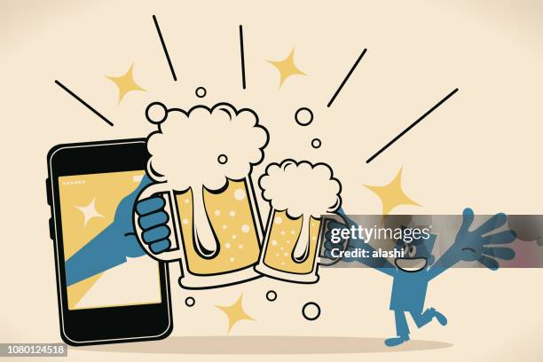 smiling blue man lifting beer glass to join in a celebratory toast (drinking beer and toasting) with big hand from smart phone - men drinking beer stock illustrations