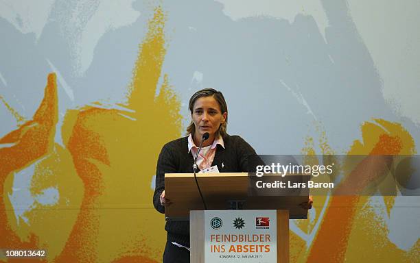 Sandra Smisek holds a speech during the DFB security congress at Steigenberger Airport Hotel on January 12, 2011 in Frankfurt am Main, Germany.