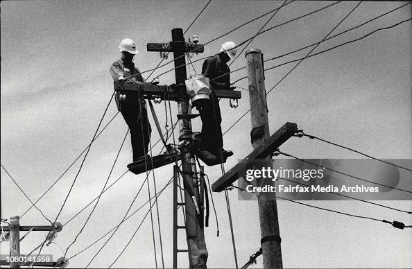 Trainee linesmen working on Telegraph Poles, with Supervisor on the ground.