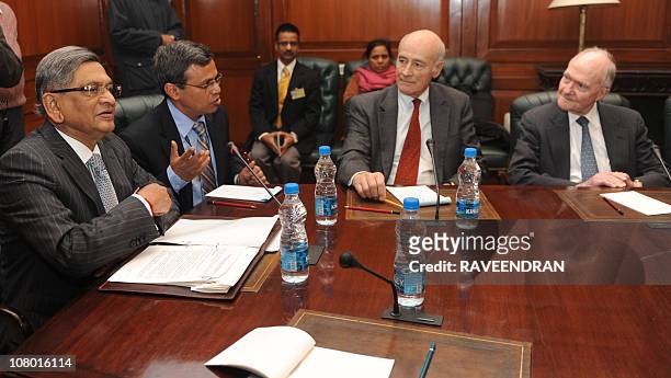 Indian Foreign Minister S.M. Krishna speaks with Joseph S. Nye , Former Assistant Secretary of Defense for International Security Affairs and former...