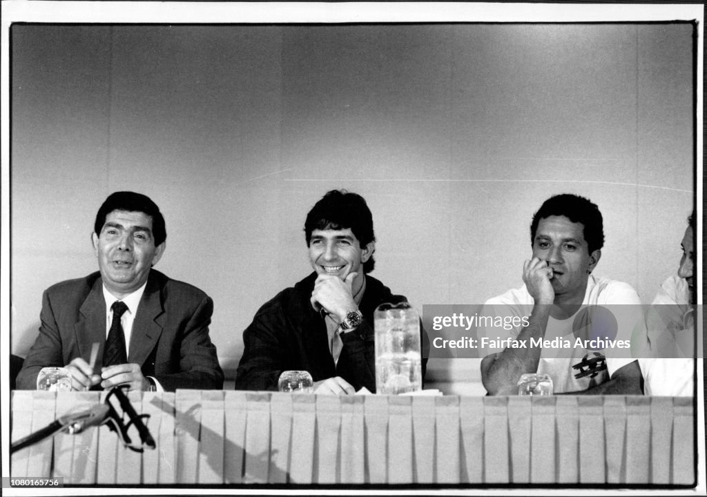 Club Italia Superstars Tour of Australia at a conference this morning in Sydney.From left to right, Nick Scali (Promoter), Paolo Rossi, Claudio Gentile.