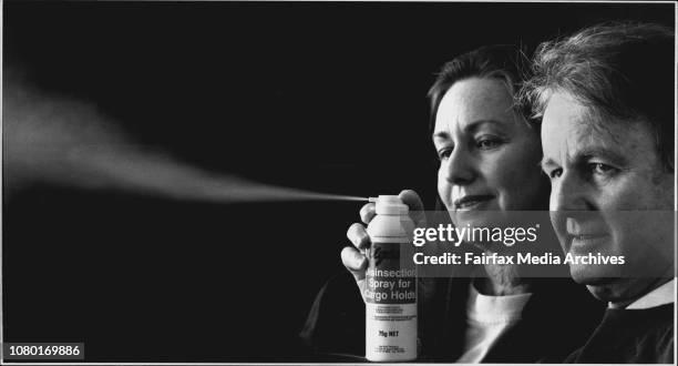 Elizabeth and Ian MacCormick demonstrate their invention, a spray that will kill disease-carrying insects on aircraft without using ozone-depleting...