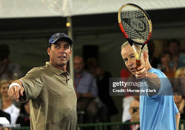 Ivan Lendl of team International and John McEnroe of team America after their match during day three of the World Tennis Challenge at Memorial Drive...