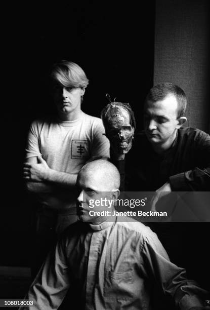 Portrait of, from left, Scottish musician Alex Fergusson, and British musicians Genesis P-Orridge and Peter Christopherson, all from the group...