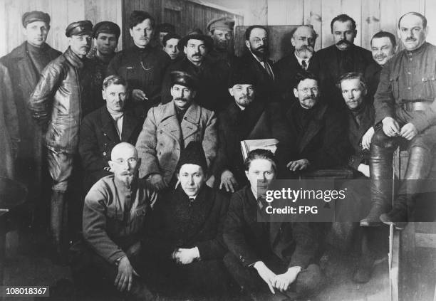 Russian revolutionaries and leaders Joseph Stalin , Vladimir Ilyich Lenin , and Mikhail Ivanovich Kalinin at the 8th Congress of the Russian...