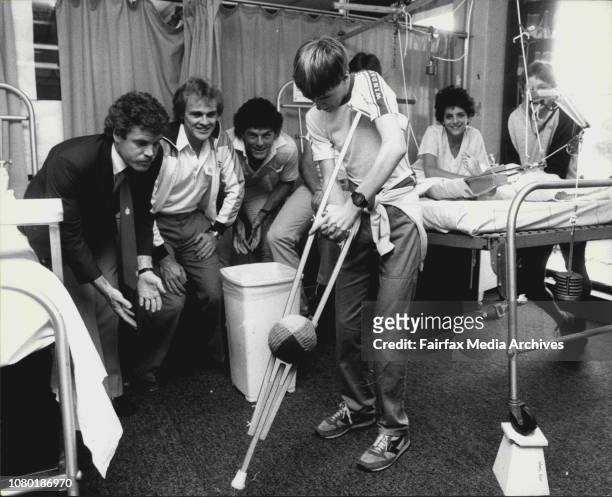 Cricket, from left, Trevor Chappell, Dirk Wellham, and Michael Whitney field in 'Slips' as Paul Arwin of Randwick, bats with a crutch at Prince of...