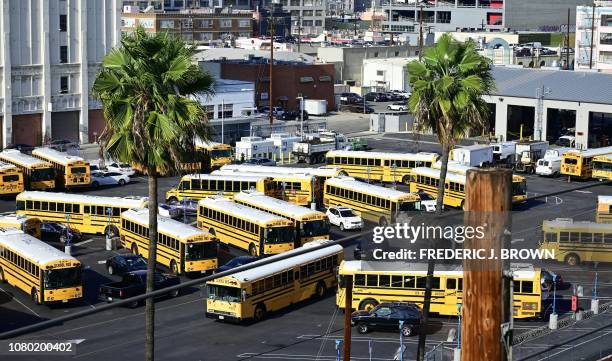 Los Angeles Unified School District school buses are seen in a parking lot in Los Angeles, California on January 10, 2019. - A judge has rejected the...