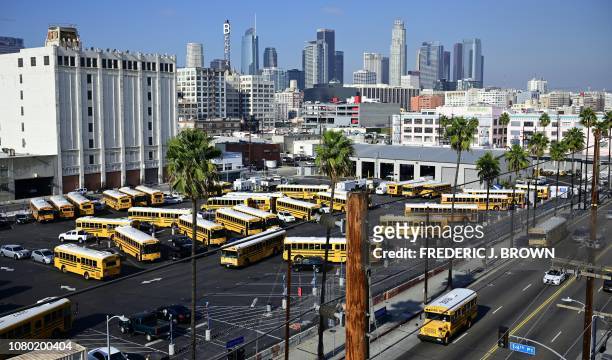 Los Angeles Unified School District school buses are seen in a parking lot in Los Angeles, California on January 10, 2019. - A judge has rejected the...