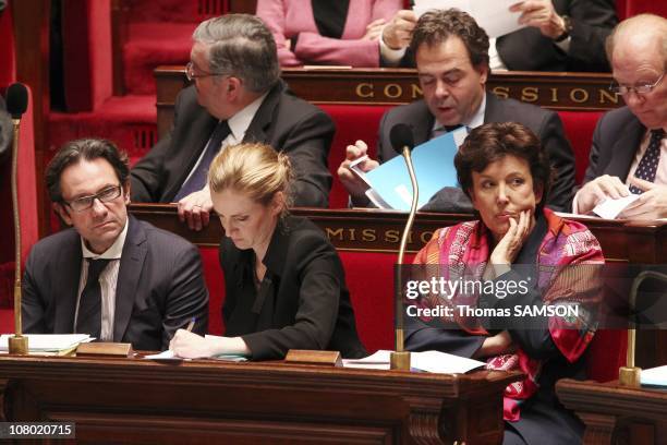 French politicians Frederic Lefebvre, Nathalie Kosciusko-Morizet, Luc Chatel and Roselyne Bachelot Narquin at a session of questions to the...
