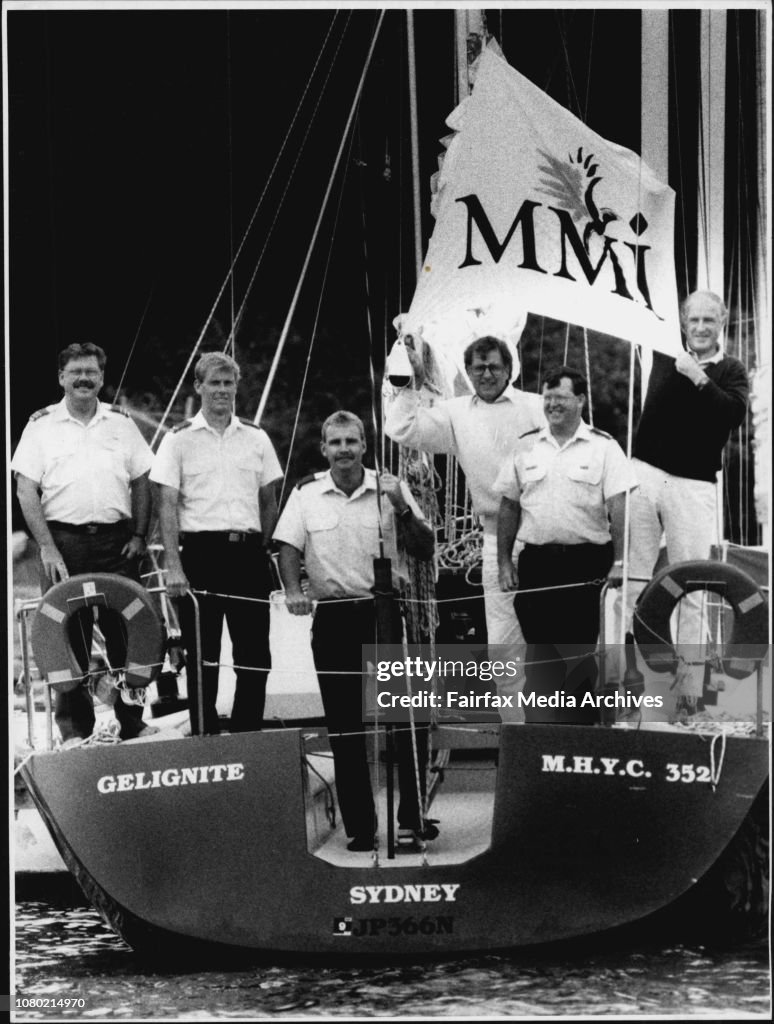 Gelignite, a 35 ft aluminium yacht, with crew  (from left) squad leader Evan Johnston, leading aircraftsman Douglas Grieson, Aircrftsman Andrew Fleming, Hugh Cameron, Flt. Sgt. Pete Jones, and Don Richardson, skipper.Ready to explode on the sailing scene.