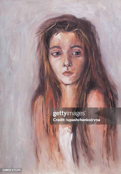 fashionable illustration modern art work my original oil painting on canvas painting impressionism vertical portrait of a girl in a white top - acrylic painting stock illustrations