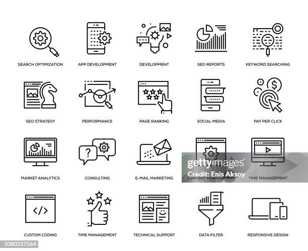 illustrazioni stock, clip art, cartoni animati e icone di tendenza di set di icone seo e sviluppo - filtrazione