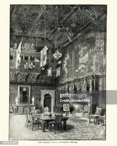 stockillustraties, clipart, cartoons en iconen met marble hall van hatfield house, 19e eeuw - hatfield house