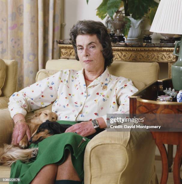 Patricia Knatchbull, 2nd Countess Mountbatten of Burma, with two pet dogs, July 1984. She is the elder daughter of Louis Mountbatten.