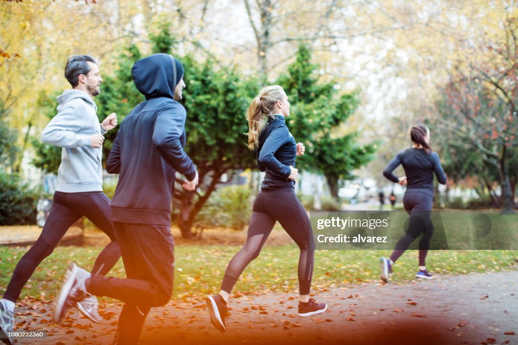 Petit groupe de gens qui courent dans le parc en automne