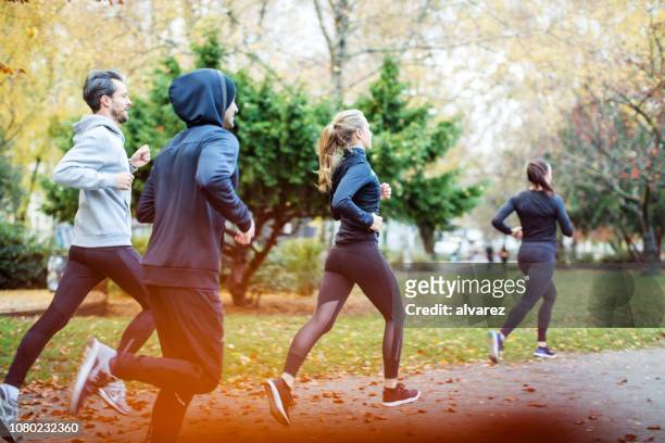 kleine groep van mensen lopen in de herfst park - hardlopen stockfoto's en -beelden