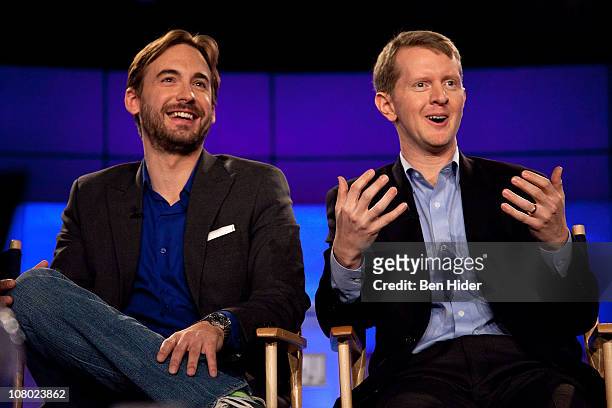 Contestants Brad Rutter and Ken Jennings attend a press conference to discuss the upcoming Man V. Machine "Jeopardy!" competition at the IBM T.J....