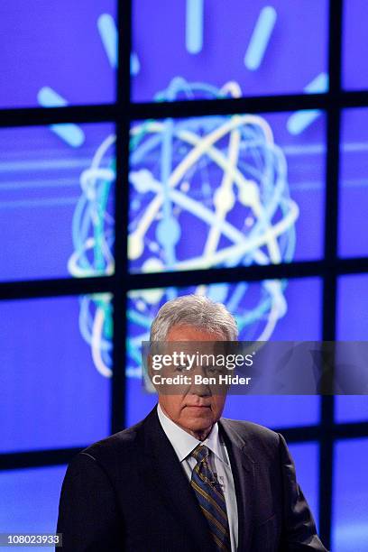 Host of "Jeopardy!" Alex Trebek attends a press conference to discuss the upcoming Man V. Machine "Jeopardy!" competition at the IBM T.J. Watson...