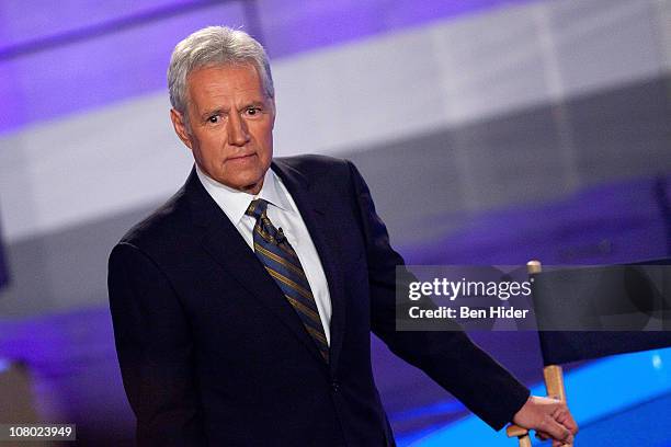 Host of "Jeopardy!" Alex Trebek attends a press conference to discuss the upcoming Man V. Machine "Jeopardy!" competition at the IBM T.J. Watson...