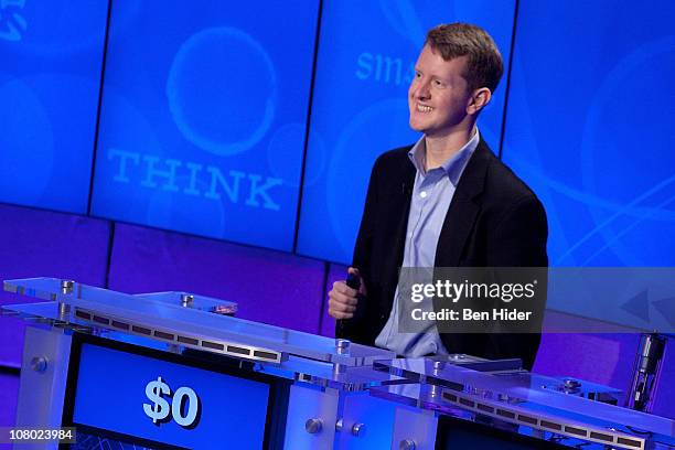 Contestant Ken Jennings competes against 'Watson' at a press conference to discuss the upcoming Man V. Machine "Jeopardy!" competition at the IBM...