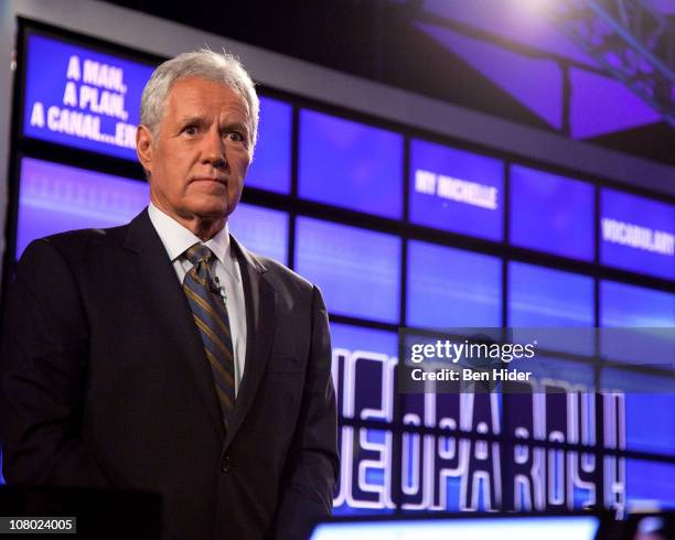 Host of "Jeopardy!" Alex Trebek attends a press conference to discuss the upcoming Man V. Machine "Jeopardy!" competition at the IBM T.J. Watson...