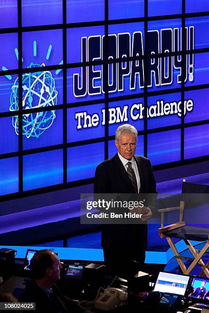 Host of "Jeopardy!" Alex Trebek attends a press conference to discuss the upcoming Man V. Machine "Jeopardy!" competition at the IBM T.J. Watson...