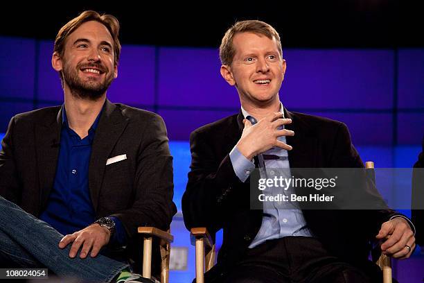 Contestants Brad Rutter and Ken Jennings attend a press conference to discuss the upcoming Man V. Machine "Jeopardy!" competition at the IBM T.J....