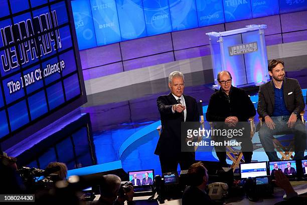 Host of "Jeopardy!" Alex Trebek, Executive Producer of "Jeopardy!" Harry Friedman and Contestant Brad Rutter attend a press conference to discuss the...