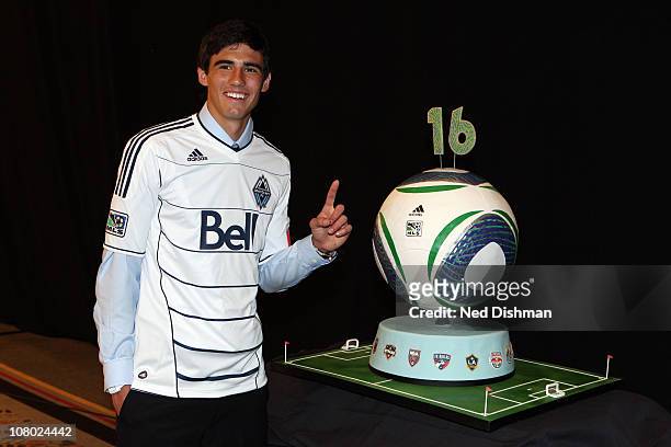 First selection Omar Salgado of the Vancouver Whitecaps poses for a photo during the 2011 MLS SuperDraft on January 13, 2011 at the Baltimore...