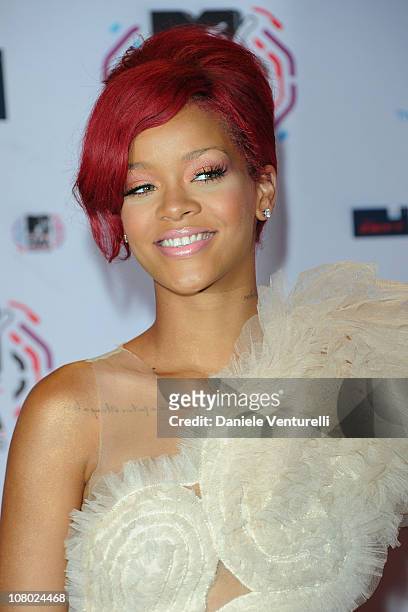 Rihanna attends the MTV Europe Music Awards 2010 at La Caja Magica on November 7, 2010 in Madrid, Spain.