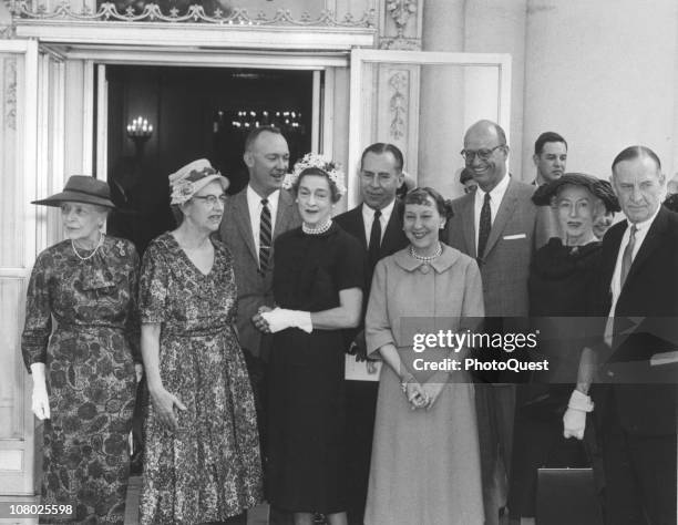 At the White House, US First Lady Mamie Eisenhower hosts a gathering of presidential offspring, Washington DC, April 30, 1959. Pictured are, from...