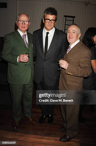 Gilbert Proesch and George Passmore with Jay Jopling attend the dinner following the private view of 'The Urethra Postcard Art of Gilbert & George'...